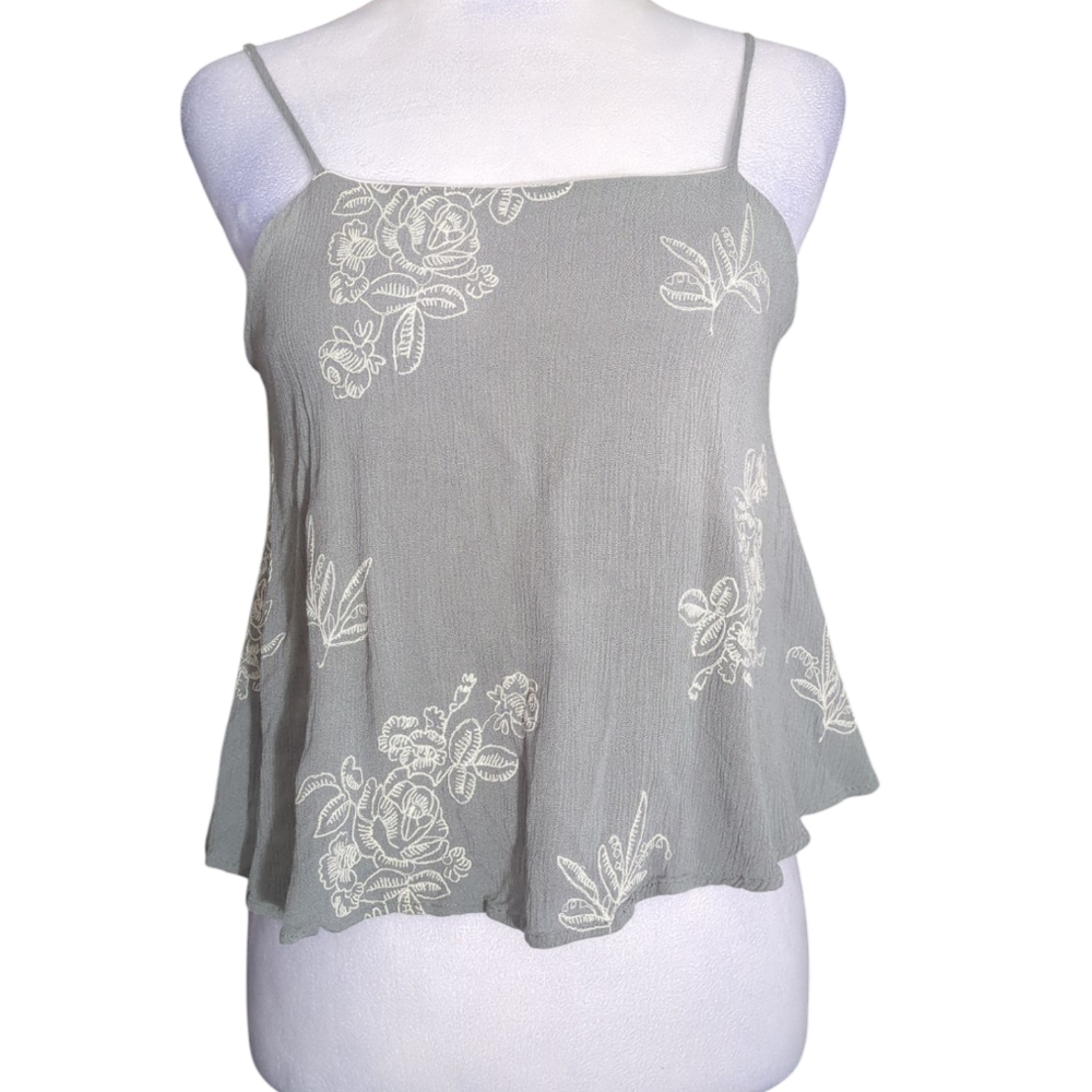 PPLA Crop Top blouse Gray Floral Embroidered Women's Top Size X small 100%Rayon